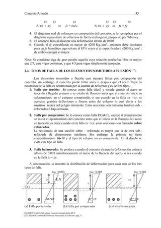 Concreto Armado 45
(16) ORTEGA GARCIA.Juan.Concreto armado I.pág.III-3.
(17) NILSON,Arthur H.Diseño de estructuras de concreto .pág.71.
εs εy εs εy εs εs
Si εs < εy  fs = εsEs Si εs > εy  fs = fy
4. El diagrama real de esfuerzos en compresión del concreto, se le reemplaza por el
diagrama equivalente de esfuerzos de forma rectangular, propuesto por Whitney.
5. El concreto falla al alcanzar una deformación última de 0.003
6. Cuando el fy especificado es mayor de 4200 Kg./cm2
., entonces debe diseñarse
para un fy hipotético equivalente al 85% veces el fy especificado o 4200 Kg./cm2
.;
de ambos escoger el mayor .
Nota: Se considera viga de gran peralte aquella cuya relación peralte/luz libre es mayor
que 2/5, para vigas continuas, y que 4/5,para vigas simplemente apoyadas.
2.4. TIPOS DE FALLA DE LOS ELEMENTOS SOMETIDOS A FLEXIÓN (19)
.
Los elementos sometidos a flexión casi siempre fallan por compresión del
concreto, sin embargo el concreto puede fallar antes o después que el acero fluya. la
naturaleza de la falla es determinada por la cuantía de refuerzos y es de tres tipos.
1. Falla por tensión: Se conoce como falla dúctil y sucede cuando el acero en
tracción a llegado primero a su estado de fluencia antes que el concreto inicie su
aplastamiento en el extremo comprimido; o sea cuando en la falla εs >εy. se
aprecian grandes deflexiones y fisuras antes del colapso lo cual alerta a los
usuarios acerca del peligro inminente. Estas secciones son llamadas también sub.-
reforzadas ó bajo armadas.
2. Falla por compresión: Se lo conoce como falla FRAGIL, sucede si primeramente
se inicia el aplastamiento del concreto antes que el inicio de la fluencia del acero
en tracción, es decir cuando en la falla εs <εy. estas secciones son llamadas sobre
reforzados.
La resistencia de una sección sobre – reforzada es mayor que la de otra sub.-
reforzada de dimensiones similares. Sin embargo la primera no tiene
comportamiento dúctil y el tipo de colapso no es conveniente. En el diseño se
evita este tipo de falla.
3. Falla balanceada: Se produce cuando el concreto alcanza la deformación unitaria
ultima de 0.003 simultáneamente al inicio de la fluencia del acero, o sea cuando
en la falla εs= εy.
A continuación, se muestra la distribución de deformación para cada uno de los tres
tipos de falla.
εuc =0.003. εuc =0.003 εuc =0.003
c E.N cb
c
E.G.
εs>εy εs<εy εs= εy.
(a) Falla por tensión (b) Falla por compresión (c) Falla balanceada
 