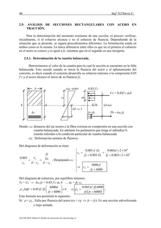 46 Ing° S.Chávez C.
(20) NILSON Arthur H..Diseño de estructuras de concreto.pág.12.
2.5- ANÁLISIS DE SECCIONES RECTANGULARES CON ACERO EN
TRACCIÓN.
Para la determinación del momento resistente de una sección, es preciso verificar,
inicialmente, si el refuerzo alcanza o no el esfuerzo de fluencia. Dependiendo de la
situación que se presente, se siguen procedimientos diferentes. La formulación usada en
ambos casos es la misma. La única diferencia entre ellos es que en el primero el esfuerzo
en el acero se conoce y es igual a fy, mientras que en el segundo es una incógnita.
2.5.1. Determinación de la cuantía balanceada.
Determinemos el valor de la cuantía para la cual la sección se encuentra en la falla
balanceada. Esto sucede cuando se inicia la fluencia del acero y el aplastamiento del
concreto, es decir cuando el concreto desarrolla su esfuerzo máximo a la compresión 0.85
f’c y el acero alcanzo el inicio de su fluencia fy.
b εuc =0.003 0.85 f’c
Cc = 0.85f’c abb
cb ab
h d E.N. (d-ab)
(d- cb )
As fs=fy Tb =Asb fy
εs = εy
Donde: cb: distancia del eje neutro a la fibra extrema en compresión en una sección con
cuantía balanceada. En adelante los parámetros que tenga el subíndice b
estarán referidos a la condición particular de cuantía balanceada
εy: Deformación unitaria de fluencia:
Del diagrama de deformación se tiene:
bb
y
b cd
Es
fy
cdc 



003.0
; Despejando cb:















6000
6000
102003.0
102003.0
003.0
003.0
6
6
fy
d
c
fy
d
Esfy
Esd
c
b
b
Del diagrama de esfuerzos, por equilibrio tenemos:
Tb = Cb → Asb fy = 0.85 f’c ab b , ab = β1 cb
b
fy
d
fcbdfyb 







6000
6000
'85.0 1 
 6000
6000'085.0 1


fyfy
fc
b

 ,
Esta formula nos permitirá lo siguiente:
Si:  < b , Falla por fluencia del acero (εs > εy  fs = fy). Es una sección sub-reforzada
o bajo armada.
 