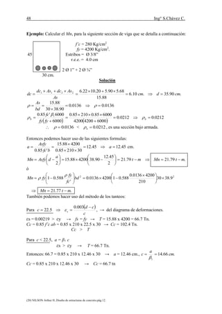 48 Ing° S.Chávez C.
(20) NILSON Arthur H..Diseño de estructuras de concreto.pág.12.
Ejemplo: Calcular el Mn, para la siguiente sección de viga que se detalla a continuación:
f’c = 280 Kg/cm2
fy = 4200 Kg/cm2
.
45 Estribos = Ø 3/8”
r.e.e. = 4.0 cm
2 Ø 1” + 2 Ø ¾”
30 cm.
Solución
.90.35.10.6
88.15
68.590.520.1022.62211
cmdcm
As
AsdcAsdc
dc 




0136.00136.0
90.3830
88.15


 
bd
As
   
0212.00212.0
600042004200
600085.021085.0
6000
6000'85.0 1





 bb
fyfy
fc



 0136.0 < 0212.0b , es una sección bajo armada.
Entonces podemos hacer uso de las siguientes formulas:
45.1245.12
3021085.0
420088.15
'85.0



 a
bfc
Asfy
a cm.
.79.2179.21
2
45.12
90.38420088.15
2
mtMnmt
a
dAsfyMn 












ó
.77.21
9.3830
210
42000136.0
588.0142000136.0
'
588.01 22
mtMn
bd
fc
fy
fyMn






 









También podemos hacer uso del método de los tanteos:
Para
 
c
cd
c s


003.0
5.22  , → del diagrama de deformaciones.
εs = 0.00219 > εy → fs = fy → T = 15.88 x 4200 = 66.7 Tn.
Cc = 0.85 f’c ab = 0.85 x 210 x 22.5 x 30 → Cc = 102.4 Tn.
Cc > T
Para c < 22.5, a = β1 c
εs > εy → T = 66.7 Tn.
Entonces: 66.7 = 0.85 x 210 x 12.46 x 30 → a = 12.46 cm., .66.14
1
cm
a
c 

Cc = 0.85 x 210 x 12.46 x 30 → Cc = 66.7 tn
 