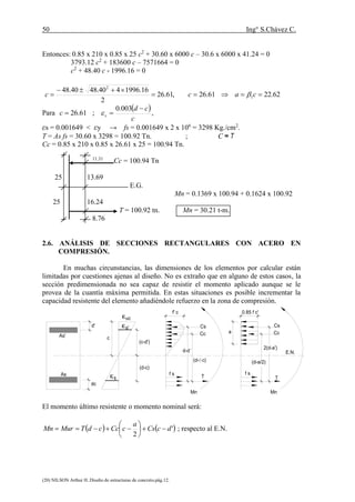 50 Ing° S.Chávez C.
(20) NILSON Arthur H..Diseño de estructuras de concreto.pág.12.
Entonces: 0.85 x 210 x 0.85 x 25 c2
+ 30.60 x 6000 c – 30.6 x 6000 x 41.24 = 0
3793.12 c2
+ 183600 c – 7571664 = 0
c2
+ 48.40 c - 1996.16 = 0
62.2261.26,61.26
2
16.1996440.4840.48
1
2


 cacc 
Para
 
c
cd
c s


003.0
;61.26  ,
εs = 0.001649 < εy → fs = 0.001649 x 2 x 106
= 3298 Kg./cm2
.
T = As fs = 30.60 x 3298 = 100.92 Tn. ; C ≈ T
Cc = 0.85 x 210 x 0.85 x 26.61 x 25 = 100.94 Tn.
11.31
Cc = 100.94 Tn
25 13.69
E.G.
Mn = 0.1369 x 100.94 + 0.1624 x 100.92
25 16.24
T = 100.92 tn. Mn = 30.21 t-m.
8.76
2.6. ANÁLISIS DE SECCIONES RECTANGULARES CON ACERO EN
COMPRESIÓN.
En muchas circunstancias, las dimensiones de los elementos por calcular están
limitadas por cuestiones ajenas al diseño. No es extraño que en alguno de estos casos, la
sección predimensionada no sea capaz de resistir el momento aplicado aunque se le
provea de la cuantía máxima permitida. En estas situaciones es posible incrementar la
capacidad resistente del elemento añadiéndole refuerzo en la zona de compresión.
El momento último resistente o momento nominal será:
   '
2
dcCs
a
cCccdTMurMn 





 ; respecto al E.N.
d'
c
(c-d')
Cs
d-d´
s'
a
Cs
2(d-a')
Cc
(d-c)
s
dc
As
(d-c)
f s T
f s
(d-a/2)
T
E.N.
Cc
uc
f' c 0.85 f c'
As'
 