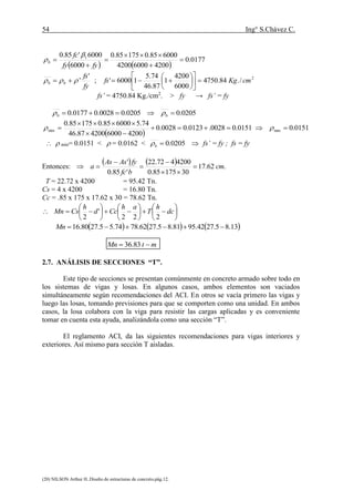 54 Ing° S.Chávez C.
(20) NILSON Arthur H..Diseño de estructuras de concreto.pág.12.
   
0177.0
420060004200
600085.017585.0
6000
6000'85.0 1






fyfy
fc
b


fy
fs
bb
'
'  ; 2
/.84.4750
6000
4200
1
87.46
74.5
16000' cmKgfs 












fs’ = 4750.84 Kg./cm2
. > fy → fs’ = fy
0205.00205.00028.00177.0  bb 
 
0151.00028.0123.00028.0
42006000420087.46
74.5600085.017585.0
min 


 0151.0min  
  min= 0.0151 <  = 0.0162 <  0205.0b fs’ = fy ; fs = fy
Entonces:
    .62.17
3017585.0
4200472.22
'85.0
'
cm
bfc
fyAsAs
a 





T = 22.72 x 4200 = 95.42 Tn.
Cs = 4 x 4200 = 16.80 Tn.
Cc = .85 x 175 x 17.62 x 30 = 78.62 Tn.


















 dc
h
T
ah
Ccd
h
CsMn
222
'
2
     13.85.2742.9581.85.2762.7874.55.2780.16 Mn
mtMn  83.36
2.7. ANÁLISIS DE SECCIONES “T”.
Este tipo de secciones se presentan comúnmente en concreto armado sobre todo en
los sistemas de vigas y losas. En algunos casos, ambos elementos son vaciados
simultáneamente según recomendaciones del ACI. En otros se vacía primero las vigas y
luego las losas, tomando previsiones para que se comporten como una unidad. En ambos
casos, la losa colabora con la viga para resistir las cargas aplicadas y es conveniente
tomar en cuenta esta ayuda, analizándola como una sección “T”.
El reglamento ACI, da las siguientes recomendaciones para vigas interiores y
exteriores. Así mismo para sección T aisladas.
 