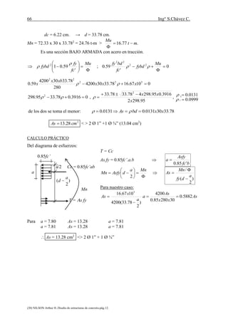 66 Ing° S.Chávez C.
(20) NILSON Arthur H..Diseño de estructuras de concreto.pág.12.
dc = 6.22 cm. → d = 33.78 cm.
Mn = 72.33 x 30 x 33.782
= 24.76 t-m > .77.16 mt
Mu


Es una sección BAJO ARMADA con acero en tracción.








Mu
fc
fy
fybd
'
59.012 
 ; 0
'
59.0 22
22



Mu
fybd
fc
bdfy

01067.1678.33304200
280
78.33304200
59.0 522
22
 xxx
xbx
x 
03916.078.3395.298 2
  ,
95.2982
3916.095.298478.3378.33 2
x
xx
 ,
0999.0
0131.0
2
1




de los dos se toma el menor: 78.33300131.00131.0 xxbdAs  
2
28.13 cmAs  < > 2 Ø 1” +1 Ø ¾” (13.04 cm2
)
CALCULO PRÁCTICO
Del diagrama de esfuerzos:
0.85fc’
a/2 Cc = 0.85fc’ab
a
)
2
(
a
d 
Mn
T = s fy
Para a = 7.80 As = 13.28 a = 7.81
a = 7.81 As = 13.28 a = 7.81
 As = 13.28 cm2
<> 2 Ø 1” + 1 Ø ¾”
T = Cc
As.fy = 0.85fc’.a.b 
bfc
Asfy
a
'85.0









Mna
dAsfyMn
2

)
2
(
/
a
dfy
Mn
As



Para nuestro caso:
)
2
78.33(4200
1067.16 5
a
x
As

 As
xx
As
a 5882.0
3028085.0
4200

 