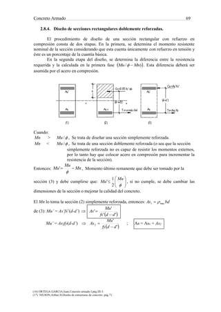 Concreto Armado 69
(16) ORTEGA GARCIA.Juan.Concreto armado I.pág.III-3.
(17) NILSON,Arthur H.Diseño de estructuras de concreto .pág.71.
2.8.4. Diseño de secciones rectangulares doblemente reforzadas.
El procedimiento de diseño de una sección rectangular con refuerzo en
compresión consta de dos etapas. En la primera, se determina el momento resistente
nominal de la sección considerando que esta cuenta únicamente con refuerzo en tensión y
éste es un porcentaje de la cuantía básica.
En la segunda etapa del diseño, se determina la diferencia entre la resistencia
requerida y la calculada en la primera fase  )/ MnMu  . Esta diferencia deberá ser
asumida por el acero en compresión.
Cuando:
Mn > /Mu , Se trata de diseñar una sección simplemente reforzada.
Mn < /Mu , Se trata de una sección doblemente reforzada (o sea que la sección
simplemente reforzada no es capaz de resistir los momentos externos,
por lo tanto hay que colocar acero en compresión para incrementar la
resistencia de la sección).
Entonces: Mn
Mu
Mu 

' , Momento último remanente que debe ser tomado por la
sección (3) y debe cumplirse que: 







Mu
Mu
2
1
' , si no cumple, se debe cambiar las
dimensiones de la sección o mejorar la calidad del concreto.
El Mn lo toma la sección (2) simplemente reforzada, entonces: bdAs max1 
de (3): Mu’ = As’fs’(d-d’) 
 ''
'
'
ddfs
Mu
As


Mu’ = As2fy(d-d’) 
 '
'
2
ddfy
Mu
As

 ; As = As1 + As2
 