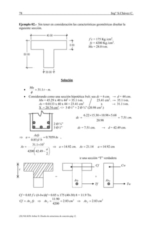 78 Ing° S.Chávez C.
(20) NILSON Arthur H..Diseño de estructuras de concreto.pág.12.
Ejemplo 02.- Sin tener en consideración las características geométricas diseñar la
siguiente sección.
f’c = 175 Kg./cm2
.
fy = 4200 Kg./cm2
.
Mu = 28.0 t-m.
Solución
 .1.31 mt
Mu


 Considerando como una sección hipotética bxh; sea dc = 6 cm. → d = 44 cm.
Mn = 45.29 x 40 x 442
= 35.1 t-m. 23.41 cm2
. → 35.1 t-m.
As = 0.0133 x 40 x 44 = 23.41 cm2
x → 31.1 t-m.
X = 20.74 cm2
. <> 3 Ø 1” + 2 Ø ¾” (20.98 cm2
.)
.51.7
98.20
68.598.1030.1522.6
cmdc 


2 Ø ¾”
3 Ø 1” dc = 7.51 cm. → d = 42.49 cm.
As
bfc
Asfy
a 7059.0
'85.0
 ,
14.21.92.14
2
49.424200
101.31 5









 Ascma
a
As a 14.92 cm
a = 14.92 cm. > hf = 10 cm.  se trata de una sección “T” verdadera
Cf Cw
c
= +
Asf Asw
Tf Tw
Cf = 0.85 f’c (b-bw)hf = 0.85 x 175 (40-30) 8 = 11.9 Tn.
22
83.283.2
4200
90.11
cmAscmAsfyAsCf fff 
 