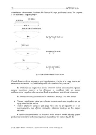 78 Ing°S.Chávez C.
(21) BLANCO B. Antonio. Estructuración y diseño de edificaciones de concreto armado. pág.120.
Para obtener los momentos de diseño, los factores de carga, pueden aplicarse a las cargas o
a los momentos; así por ejemplo.
Cuando la carga viva o sobrecarga son importantes en relación a la carga muerta, es
conveniente considerar en el análisis la posible alternancia de las primeras(21)
.
La alternancia de cargas vivas es una situación real en una estructura y puede
generar momentos mayores a los obtenidos al considerar todo los tramos
uniformemente cargados, así como zonas donde se produzcan inversión de momentos.
La norma considera que el análisis de alternancia de carga viva debe prever:
 Tramos cargados dos a dos, para obtener momentos máximos negativos en los
apoyos intermedios a ellos.
 Tramos alternados cargados con carga viva (uno sí, el siguiente no y así
sucesivamente), para obtener momentos máximos positivos en los tramos
cargados.
A continuación se muestran los esquemas de los diversos estados de carga que se
producen al considerar la alternancia para un aligerado de tres tramos (fig. III-2)
4.00 m
Wn=1.40 D + 1.80 L= 7.60 tn/ml
Mu
WD=3 tn/ml
WL
WL=2 tN/ml
WD=3 tN/ml
Mu=Wul²=7.6x4²=15.20 t-m
8 8
MD=WDl²=3x4²=6.00 t-m
8 8
ML=WLl²=2x4²=4.00 t-m
8 8
. . ML=1.40xMD+1.70ML=1.4x6+1.70x4=15.20 t-m
ó
MD
ML
 