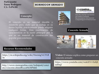 HORMIGON ARMADO
Concepto
Concreto Armado
https://www.youtube.com/watch?v=ArkJt
ddbtqI
https://es.wikipedia.org/wiki/Hormig%C3%B
3n
El concreto es un material durable y
resistente pero, dado que se trabaja en su
forma líquida, prácticamente puede adquirir
cualquier forma. .Esta combinación de
características es la razón principal por la
que es un material de construcción tan
popular para exteriores.
Participante:
Fanny Rodríguez
C.I.- 5.476.241
Recursos Recomendados
http://www.monografias.com/trabajos4/concr
eto/concreto.shtml#ixzz4NOlP0ibE
Video: El mismo explica como preparar un
concreto armado
Este obra está bajo una licencia
de Creative Commons
Reconocimiento-NoComercial-
CompartirIgual 4.0 Internacional.
 