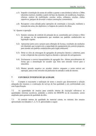 DER/PR - ES-P 21/05
15/22
b)
a.3) Impedir a instalação de usinas de asfalto a quente a uma distância inferior a 200m
(duzentos metros), medidos a partir da base da chaminé, de residências, hospitais,
clínicas, centros de reabilitação, escolas, asilos, orfanatos, creches, clubes
esportivos, parques de diversão e outras construções comunitárias.
a.4) Recuperar a área afetada pelas operações de construção e execução, mediante a
remoção da usina, dos depósitos e a limpeza do canteiro de obras.
Quanto à operação
b.1) Instalar sistemas de controle de poluição do ar, constituídos por ciclones e filtro
de mangas ou de equipamentos que atendam aos padrões estabelecidos na
legislação vigente.
b.2) Apresentar junto com o projeto para obtenção de licença, resultados de medições
em chaminés que comprovem a capacidade do equipamento de controle proposto,
para atender aos padrões estabelecidos pelo órgão ambiental.
b.3) Dotar os silos de estocagem de agregados de proteções laterais e cobertura, para
evitar a dispersão das emissões fugitivas durante a operação de carregamento.
b.4) Enclausurar a correia transportadora de agregado frio. Adotar procedimentos de
forma que a alimentação do secador seja feita sem emissão visível para a
atmosfera.
b.5) Manter pressão negativa no secador rotativo enquanto a usina estiver em
operação, para evitar emissões de partículas na entrada e saída do mesmo.
7 CONTROLE INTERNO DE QUALIDADE
7.1 Compete à executante a realização de testes e ensaios que demonstrem a seleção
adequada dos insumos e a realização do serviço de boa qualidade e em conformidade com
esta Especificação.
7.2 As quantidades de ensaios para controle interno de execução referem-se às
quantidades mínimas aceitáveis, podendo a critério do DER/PR ou da executante, serem
ampliados para garantia da qualidade da obra.
7.3 O controle interno de qualidade do material consta, no mínimo, dos ensaios
apresentados nos Quadros 1, 2, 3 e 4, apresentados a seguir.
 