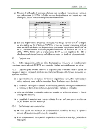 DER/PR - ES-P 21/05
7/22
c) No caso de utilização de misturas asfálticas para camada de rolamento, os vazios do
agregado mineral (%VAM), definidos em função do diâmetro máximo do agregado
empregado, devem atender aos seguintes valores mínimos:
Diâmetro máximo
ABNT mm
% VAM,
mínimo
1 ½” 38,1 13
1” 25,4 14
¾” 19,1 15
½” 12,7 16
⅜” 9,5 18
d)
a)
b)
c)
d)
a)
b)
Em caso de previsão no projeto de solicitação pelo tráfego superior a 1x107
operações
do eixo-padrão de 8,2 tf (critério USACE), o traço da mistura betuminosa utilizada
deve ser verificado à deformação permanente pelo uso de equipamento “Orniéreur” do
LCPC. Necessariamente, a deformação permanente deve ser medida a 30, 100, 1000,
3000, 10000 e 30000 ciclos e a temperatura de 60º C, com freqüência de 1 Hz. O
afundamento admissível deve ser definido em projeto, em função da mistura adotada.
5.3 Equipamentos
5.3.1 Todo o equipamento, antes do início da execução da obra, deve ser cuidadosamente
examinado e aprovado pelo DER/PR, sem o que não é dada a autorização para o seu início.
5.3.2 Depósitos para cimento asfáltico: os depósitos para o cimento asfáltico devem ser
capazes de aquecer o material, conforme as exigências técnicas estabelecidas, atendendo aos
seguintes requisitos:
o aquecimento deve ser efetuado por meio de serpentinas a vapor, óleo, eletricidade ou
outros meios, de modo a não haver contato direto de chamas com o depósito;
o sistema de circulação do cimento asfáltico deve garantir a circulação desembaraçada
e contínua, do depósito ao misturador, durante todo o período de operação;
todas as tubulações e acessórios devem ser dotados de isolamento térmico, a fim de
evitar perdas de calor;
a capacidade dos depósitos de cimento asfáltico deve ser suficiente para o atendimento
de, no mínimo, três dias de serviço.
5.3.3 Depósitos para agregados (silos)
Os silos devem ser divididos em compartimentos, dispostos de modo a separar e
estocar, adequadamente, as frações dos agregados.
Cada compartimento deve possuir dispositivos adequados de descarga, passíveis de
regulagem.
 