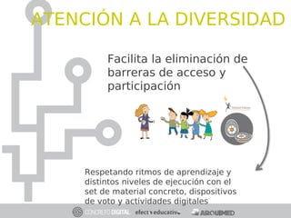 ATENCIÓN A LA DIVERSIDAD
Facilita la eliminación de
barreras de acceso y
participación
Respetando ritmos de aprendizaje y
distintos niveles de ejecución con el
set de material concreto, dispositivos
de voto y actividades digitales
 
