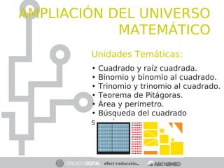 Unidades Temáticas:
• Cuadrado y raíz cuadrada.
• Binomio y binomio al cuadrado.
• Trinomio y trinomio al cuadrado.
• Teorema de Pitágoras.
• Área y perímetro.
• Búsqueda del cuadrado
sucesivo.
AMPLIACIÓN DEL UNIVERSO
MATEMÁTICO
 