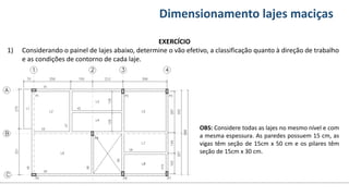 Conteúdos Dimensionamento lajes maciças
EXERCÍCIO
1) Considerando o painel de lajes abaixo, determine o vão efetivo, a classificação quanto à direção de trabalho
e as condições de contorno de cada laje.
OBS: Considere todas as lajes no mesmo nível e com
a mesma espessura. As paredes possuem 15 cm, as
vigas têm seção de 15cm x 50 cm e os pilares têm
seção de 15cm x 30 cm.
 