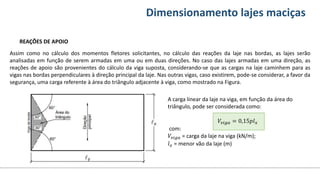Conteúdos Dimensionamento lajes maciças
REAÇÕES DE APOIO
Assim como no cálculo dos momentos fletores solicitantes, no cálculo das reações da laje nas bordas, as lajes serão
analisadas em função de serem armadas em uma ou em duas direções. No caso das lajes armadas em uma direção, as
reações de apoio são provenientes do cálculo da viga suposta, considerando-se que as cargas na laje caminhem para as
vigas nas bordas perpendiculares à direção principal da laje. Nas outras vigas, caso existirem, pode-se considerar, a favor da
segurança, uma carga referente à área do triângulo adjacente à viga, como mostrado na Figura.
A carga linear da laje na viga, em função da área do
triângulo, pode ser considerada como:
𝑉𝑣𝑖𝑔𝑎 = 0,15𝑝𝑙𝑥
com:
𝑉𝑣𝑖𝑔𝑎 = carga da laje na viga (kN/m);
𝑙𝑥 = menor vão da laje (m)
 