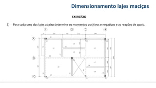 Conteúdos Dimensionamento lajes maciças
EXERCÍCIO
3) Para cada uma das lajes abaixo determine os momentos positivos e negativos e as reações de apoio.
 