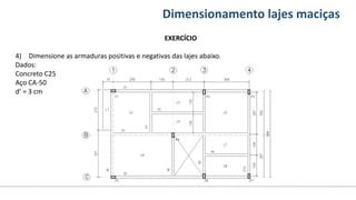 Conteúdos Dimensionamento lajes maciças
EXERCÍCIO
4) Dimensione as armaduras positivas e negativas das lajes abaixo.
Dados:
Concreto C25
Aço CA-50
d’ = 3 cm
 