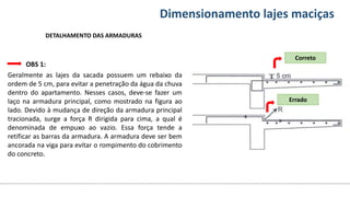 Conteúdos Dimensionamento lajes maciças
OBS 1:
DETALHAMENTO DAS ARMADURAS
Errado
Geralmente as lajes da sacada possuem um rebaixo da
ordem de 5 cm, para evitar a penetração da água da chuva
dentro do apartamento. Nesses casos, deve-se fazer um
laço na armadura principal, como mostrado na figura ao
lado. Devido à mudança de direção da armadura principal
tracionada, surge a força R dirigida para cima, a qual é
denominada de empuxo ao vazio. Essa força tende a
retificar as barras da armadura. A armadura deve ser bem
ancorada na viga para evitar o rompimento do cobrimento
do concreto.
Correto
 