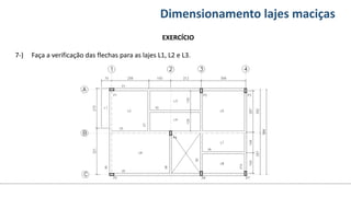 Conteúdos Dimensionamento lajes maciças
EXERCÍCIO
7-) Faça a verificação das flechas para as lajes L1, L2 e L3.
 