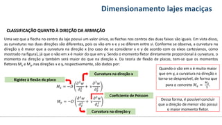 Conteúdos Dimensionamento lajes maciças
CLASSIFICAÇÃO QUANTO À DIREÇÃO DA ARMAÇÃO
Uma vez que a flecha no centro da laje possui um valor único, as flechas nos centros das duas faixas são iguais. Em vista disso,
as curvaturas nas duas direções são diferentes, pois os vão em x e y se diferem entre si. Conforme se observa, a curvatura na
direção y é maior que a curvatura na direção x (no caso de se considerar x e y de acordo com os eixos cartesianos, como
mostrado na figura), já que o vão em x é maior do que em y. Sendo o momento fletor diretamente proporcional à curvatura, o
momento na direção y também será maior do que na direção x. Da teoria de flexão de placas, tem-se que os momentos
fletores Mx e My, nas direções x e y, respectivamente, são dados por:
𝑀𝑥 = −𝐷
𝜕2𝑤
𝜕𝑥
2 + ν
𝜕2𝑤
𝜕𝑦
2
𝑀𝑦 = −𝐷
𝜕2𝑤
𝜕𝑦
2 + ν
𝜕2𝑤
𝜕𝑥
2
Rigidez à flexão da placa
Curvatura na direção x
Curvatura na direção y
Coeficiente de Poisson
Quando o vão em x é muito maior
que em y, a curvatura na direção x
torna-se desprezível, de forma que
para o concreto 𝑀𝑥 =
𝑀𝑦
5
.
Dessa forma, é possível concluir
que a direção de menor vão possui
o maior momento fletor.
 