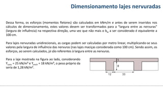 Conteúdos Dimensionamento lajes nervuradas
Dessa forma, os esforços (momentos fletores) são calculados em kNm/m e antes de serem inseridos nos
cálculos de dimensionamento, estes valores devem ser transformados para a “largura entre as nervuras”
(largura de influência) na respectiva direção, uma vez que não mais o bw a ser considerado é equivalente a
100 cm.
Para lajes nervuradas unidirecionais, as cargas podem ser calculadas por metro linear, multiplicando-se seus
valores pela largura de influência das nervuras (nas lajes maciças considerada como 100 cm). Sendo assim, os
esforços, ao serem calculados, já são referentes à largura entre as nervuras.
Para a laje mostrada na figura ao lado, considerando
ϒconc = 25 kN/m³ e ϒench = 18 kN/m³, o peso próprio da
seria de 1,28 kN/m².
 