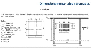Conteúdos Dimensionamento lajes nervuradas
EXERCÍCIO
12-) Dimensione a laje abaixo à flexão considerando-a como laje nervurada bidirecional com enchimento de
blocos cerâmicos.
Dados:
ϒconc = 25 kN/m³
ϒench = 13 kN/m³
ϒrev = 19 kN/m³ com 2 cm
ϒench = 21 kN/m³ com 3 cm
psob = 2,0 kN/m²
ppiso = 0,15 kN/m²
Concreto C25
Aço CA-50
d’ = 2,5 cm
 