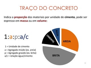 Indica	
  a	
  proporção	
  dos	
  materiais	
  por	
  unidade	
  de	
  cimento,	
  pode	
  ser	
  
expresso	
  em	
  massa	
  ou	
  em	
  volume:
AREIA
ÁGUA
CIM
ENTO
BRITA
1:a:p:a/c	
  
	
  1	
  =	
  Unidade	
  de	
  cimento	
  	
  
	
  a	
  =	
  Agregado	
  miúdo	
  (ex.	
  areia)	
  
	
  p	
  =	
  Agregado	
  graúdo	
  (ex.	
  brita)	
  
	
  a/c	
  =	
  relação	
  água/cimento
21
TRAÇO DO CONCRETO
 