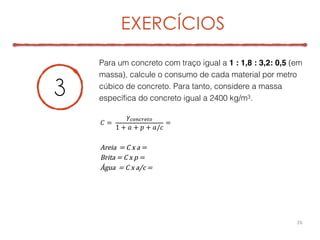 Para um concreto com traço igual a 1 : 1,8 : 3,2: 0,5 (em
massa), calcule o consumo de cada material por metro
cúbico de concreto. Para tanto, considere a massa
específica do concreto igual a 2400 kg/m3.
EXERCÍCIOS
26
3
 