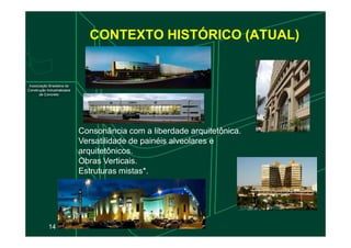 CONTEXTO HISTÓRICO (ATUAL)
14
Consonância com a liberdade arquitetônica.
Versatilidade de painéis alveolares e
arquitetônicos.
Obras Verticais.
Estruturas mistas*.
 
