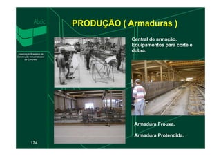 PRODUÇÃO ( Armaduras )
Central de armação.
Equipamentos para corte e
dobra.
174
Armadura Frouxa.
Armadura Protendida.
 