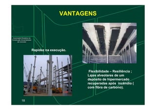 VANTAGENS
Rapidez na execução.
18
Flexibilidade – Resiliência ;
Lajes alveolares de um
depósito de hipermercado
recuperadas após incêndio (
com fibra de carbono).
 