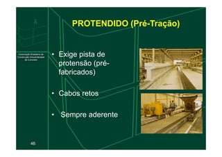 • Exige pista de
protensão (pré-
fabricados)
PROTENDIDO (Pré-Tração)
46
• Cabos retos
• Sempre aderente
 