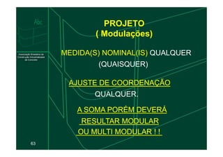 PROJETO
( Modulações)
MEDIDA(S) NOMINAL(IS) QUALQUER
(QUAISQUER)
63
AJUSTE DE COORDENAÇÃO
AJUSTE DE COORDENAÇÃO
QUALQUER.
A SOMA PORÉM DEVERÁ
A SOMA PORÉM DEVERÁ
RESULTAR MODULAR
RESULTAR MODULAR
OU MULTI
OU MULTI MODULAR ! !
MODULAR ! !
 