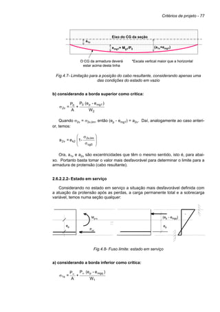 Critérios de projeto - 77
Fig.4.7- Limitação para a posição do cabo resultante, considerando apenas uma
das condições do estado em vazio
b) considerando a borda superior como crítica:
2
mg1p00
2v
W
)e-(eP
+
A
P
=σ
Quando σ2v = σ2v,lim, então (ep - emg1) = a2v. Daí, analogamente ao caso anteri-
or, temos:
-1e=a
cg0
lim2v,
k2v2 







σ
σ
Ora, a1v e a2v são excentricidades que têm o mesmo sentido, isto é, para abai-
xo. Portanto basta tomar o valor mais desfavorável para determinar o limite para a
armadura de protensão (cabo resultante).
2.6.2.2.2- Estado em serviço
Considerando no estado em serviço a situação mais desfavorável definida com
a atuação da protensão após as perdas, a carga permanente total e a sobrecarga
variável, temos numa seção qualquer:
Fig.4.8- Fuso limite: estado em serviço
a) considerando a borda inferior como crítica:
1
mgqp
1s
W
)e-(eP
+
A
P
=
∞∞
σ
-
ep
(ep - emgq)Mg+q
Pinf
ep
-
ep
(ep - emgq)Mg+q
Pinf
ep
a1v
Eixo do CG da seção
emg1= Mg1/P0
(a1v+emg1)
*Escala vertical maior que a horizontalO CG da armadura deverá
estar acima desta linha
a1v
Eixo do CG da seção
emg1= Mg1/P0
(a1v+emg1)
*Escala vertical maior que a horizontalO CG da armadura deverá
estar acima desta linha
 
