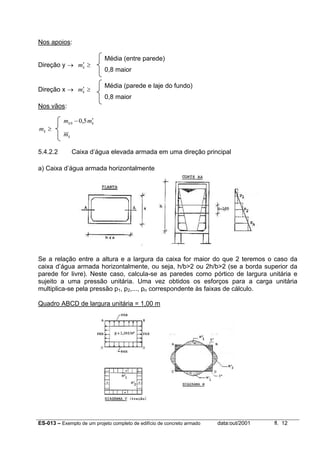 ES-013 – Exemplo de um projeto completo de edifício de concreto armado data:out/2001 fl. 12
Nos apoios:
Direção y → ≥′km
Direção x → ≥′km
Nos vãos:
≥km
5.4.2.2 Caixa d’água elevada armada em uma direção principal
a) Caixa d’água armada horizontalmente
Se a relação entre a altura e a largura da caixa for maior do que 2 teremos o caso da
caixa d’água armada horizontalmente, ou seja, h/b>2 ou 2h/b>2 (se a borda superior da
parede for livre). Neste caso, calcula-se as paredes como pórtico de largura unitária e
sujeito a uma pressão unitária. Uma vez obtidos os esforços para a carga unitária
multiplica-se pela pressão p1, p2,..., pn correspondente às faixas de cálculo.
Quadro ABCD de largura unitária = 1,00 m
Média (entre parede)
0,8 maior
kk mm ′− 5,00
km
Média (parede e laje do fundo)
0,8 maior
 