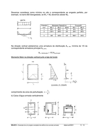 ES-013 – Exemplo de um projeto completo de edifício de concreto armado data:out/2001 fl. 13
Devemos considerar como mínimo no vão o correspondente ao engaste perfeito, por
exemplo, na barra BD biengastada, se M’
2 < M2 devemos adotar M2.
Pressão
t/m² vão 1 vão 2 apoio vão 1 vão 2
1 M’1 M’2 X N’1 N’2
2 2 M’1 2M’2 2X’ 2N’1 2N’2
n nM’ nM’2 nX’ NN’1 nN’2
Momento Fletor(tf.m) Ftração(tf)
Na direção vertical adotaremos uma armadura de distribuição As, dist. mínima de 1/5 da
correspondente armadura principal As, princ.
As, distribuição ≥ 1/5 As,principal
Momento fletor na direção vertical junto a laje de fundo
comprimento da zona de perturbação: xl
8
3
=λ
b) Caixa d’água armada verticalmente
 