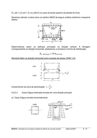 ES-013 – Exemplo de um projeto completo de edifício de concreto armado data:out/2001 fl. 14
Pe: a/b > 2 e a/h > 2 ( ou a/2h>2 no caso da borda superior da parede for livre)
Devemos calcular a caixa como um pórtico ABCD de largura unitária conforme o esquema
abaixo:
Determinamos assim os esforços principais na direção vertical. A ferragem
correspondente na direção horizontal; adotaremos a armadura mínima de distribuição.
As, distribuição ≥ 1/5 As,principal
Momento fletor na direção horizontal junto à parede de tampa: (PAR 1=2)
Comprimento da zona de perturbação: h
8
3
=λ
5.4.2.3 Caixa d’água enterrada armada em uma direção principal
a) Caixa d’água armada horizontalmente
 