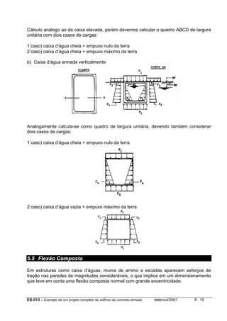 ES-013 – Exemplo de um projeto completo de edifício de concreto armado data:out/2001 fl. 15
Cálculo análogo ao da caixa elevada, porém devemos calcular o quadro ABCD de largura
unitária com dois casos de cargas:
1°
caso) caixa d’água cheia + empuxo nulo da terra
2°
caso) caixa d’água cheia + empuxo máximo da terra
b) Caixa d’água armada verticalmente
Analogamente calcula-se como quadro de largura unitária, devendo também considerar
dois casos de cargas:
1°
caso) caixa d’água cheia + empuxo nulo da terra
2°
caso) caixa d’água vazia + empuxo máximo da terra
5.5 Flexão Composta
Em estruturas como caixa d’águas, muros de arrimo e escadas aparecem esforços de
tração nas paredes de magnitudes consideráveis, o que implica em um dimensionamento
que leve em conta uma flexão composta normal com grande excentricidade.
 