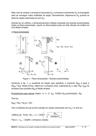 ES-013 – Exemplo de um projeto completo de edifício de concreto armado data:out/2001 fl. 16
Nela, tem-se sempre a armadura tracionada As; a armadura comprimida A's é empregada
para se conseguir maior dutilidade da seção. Normalmente, dispensa-se A's quando se
pode ter seção subarmada só com As.
Através de um artifício, o dimensionamento à flexão composta com grande excentricidade
(tanto na flexo-compressão, quanto na flexo-tração) pode ser feito através da análise de
uma flexão simples.
a) flexo-compressão
Figura 1 - Flexo-compressão - Grande excentricidade
Conforme a fig. 1, a resultante de tração para equilibrar o momento Msd é igual a
(Rsd + Nd). Dessa forma, obtém-se a armadura final, subtraindo-se o valor (Nd / fyd) da
armadura que equilibra Msd à flexão simples.
Procedimento para cálculo: Sejam: b; h; d'; fck; CA50A; Nd (compressão); Md
Tem-se:
Msd = Md + Nd (d - h/2)
Com a hipótese de que se tem solução em seção subarmada com A's = 0, tem-se:
simplesarmadurad6280xxPara
fbd4250
M
11d251xMx40dbxf680
34
cd
2
sd
sdcd
→=<








−−=→=−
,
,
,),(,
h/2
Rsd + Nd - Nd
0,8x
Rcd
Msd
Nd
Rsd
Md
≡ ≡
h
d’
As’
d
Nd
RsdAs
d’
Msd
+
Rsd’
Rcd
Rsd + Nd
Rsd’
Rcd
Nd -Nd
Msd = Md + Nd (d - h/2)
 