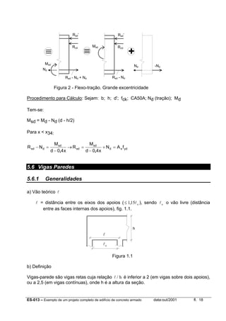 ES-013 – Exemplo de um projeto completo de edifício de concreto armado data:out/2001 fl. 18
Figura 2 - Flexo-tração. Grande excentricidade
Procedimento para Cálculo: Sejam: b; h; d'; fck; CA50A; Nd (tração); Md
Tem-se:
Msd = Md - Nd (d - h/2)
Para x < x34:
ydsd
sd
sd
sd
dsd fAN
x40d
M
R
x40d
M
NR =+
−
=→
−
=−
,,
5.6 Vigas Paredes
5.6.1 Generalidades
a) Vão teórico l
l = distância entre os eixos dos apoios (≤ 115, lo ), sendo lo o vão livre (distância
entre as faces internas dos apoios), fig. 1.1.
Figura 1.1
b) Definição
Vigas-parede são vigas retas cuja relação l / h é inferior a 2 (em vigas sobre dois apoios),
ou a 2,5 (em vigas contínuas), onde h é a altura da seção.
Rsd - Nd + Nd
Msd
Nd
≡ ≡
Msd
+
Rsd’
Rcd
Rsd - Nd
Rsd’
Rcd
Nd -Nd
lo
h
l
 