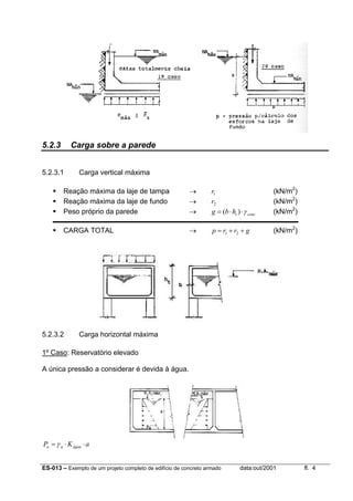 ES-013 – Exemplo de um projeto completo de edifício de concreto armado data:out/2001 fl. 4
5.2.3 Carga sobre a parede
5.2.3.1 Carga vertical máxima
Reação máxima da laje de tampa → 1r (kN/m2
)
Reação máxima da laje de fundo → 2r (kN/m2
)
Peso próprio da parede → concthbg γ⋅⋅= )( (kN/m2
)
CARGA TOTAL → grrp ++= 21 (kN/m2
)
5.2.3.2 Carga horizontal máxima
1º Caso: Reservatório elevado
A única pressão a considerar é devida à água.
aKP águaaa ⋅⋅= γ
 