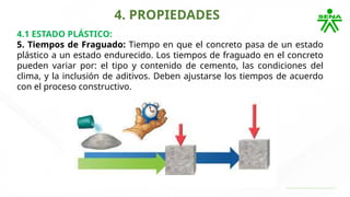 4. PROPIEDADES
4.1 ESTADO PLÁSTICO:
5. Tiempos de Fraguado: Tiempo en que el concreto pasa de un estado
plástico a un estado endurecido. Los tiempos de fraguado en el concreto
pueden variar por: el tipo y contenido de cemento, las condiciones del
clima, y la inclusión de aditivos. Deben ajustarse los tiempos de acuerdo
con el proceso constructivo.
 