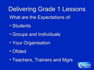 Delivering Grade 1 Lessons
What are the Expectations of:
• Students
• Groups and Individuals
• Your Organisation
• Ofsted
• Teachers, Trainers and Mgrs
 