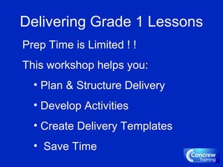 Delivering Grade 1 Lessons
Prep Time is Limited ! !
This workshop helps you:
• Plan & Structure Delivery
• Develop Activities
• Create Delivery Templates
• Save Time
 