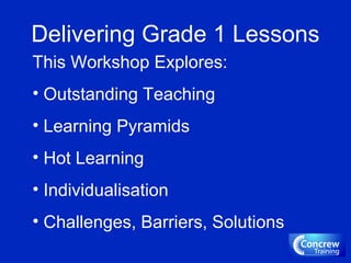 Delivering Grade 1 Lessons
This Workshop Explores:
• Outstanding Teaching
• Learning Pyramids
• Hot Learning
• Individualisation
• Challenges, Barriers, Solutions
 