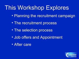 This Workshop Explores
• Planning the recruitment campaign
• The recruitment process
• The selection process
• Job offers and Appointment
• After care