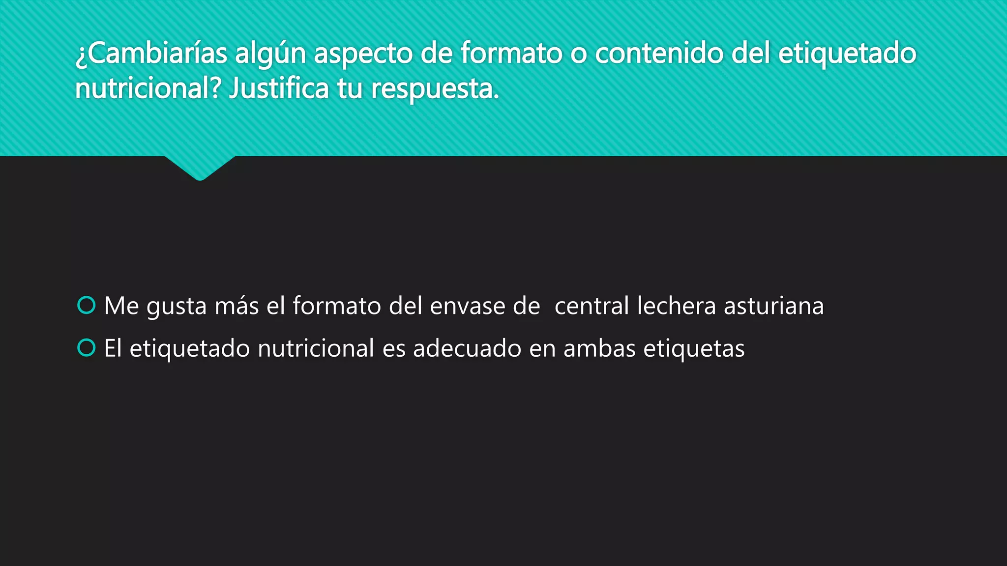 ¿Cambiarías algún aspecto de formato o contenido del etiquetado
nutricional? Justifica tu respuesta.
Me gusta más el formato del envase de central lechera asturiana
El etiquetado nutricional es adecuado en ambas etiquetas