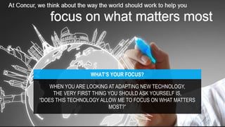WHEN YOU ARE LOOKING AT ADAPTING NEW TECHNOLOGY,
THE VERY FIRST THING YOU SHOULD ASK YOURSELF IS,
“DOES THIS TECHNOLOGY ALLOW ME TO FOCUS ON WHAT MATTERS
MOST?”
WHAT’S YOUR FOCUS?
 