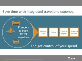 Save time with integrated travel and expense,



                                Freedom
                                 to book                                                Manage
                                                                                                    Share
                                                                                                            Expense   Report &
                                  travel                                                 Trip                Report   Analyze

                                anywhere


                                                                 and get control of your spend.


 ©2011 Concur, all rights reserved. Concur is a registered trademark of Concur Technologies, Inc.
 