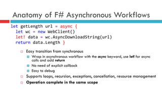 Anatomy of F# Asynchronous Workflows
¨  Easy transition from synchronous
¤  Wrap in asynchronous workflow with the async keyword, use let! for async
calls and add return
¤  No need of explicit callback
¤  Easy to debug
¨  Supports loops, recursion, exceptions, cancellation, resource management
¨  Operation complete in the same scope
let	
  getLength	
  url	
  =	
  async	
  {	
  
	
  	
  let	
  wc	
  =	
  new	
  WebClient()	
  
	
  	
  let!	
  data	
  =	
  wc.AsyncDownloadString(url)	
  
	
  	
  return	
  data.Length	
  }	
  
 