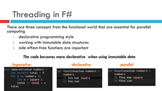 Threading in F#
There are three concepts from the functional world that are essential for parallel
computing
1.  declarative programming style
2.  working with immutable data structures
3.  side effect-free functions are important
The code becomes more declarative when using immutable data
Imperative declarative parallel
 