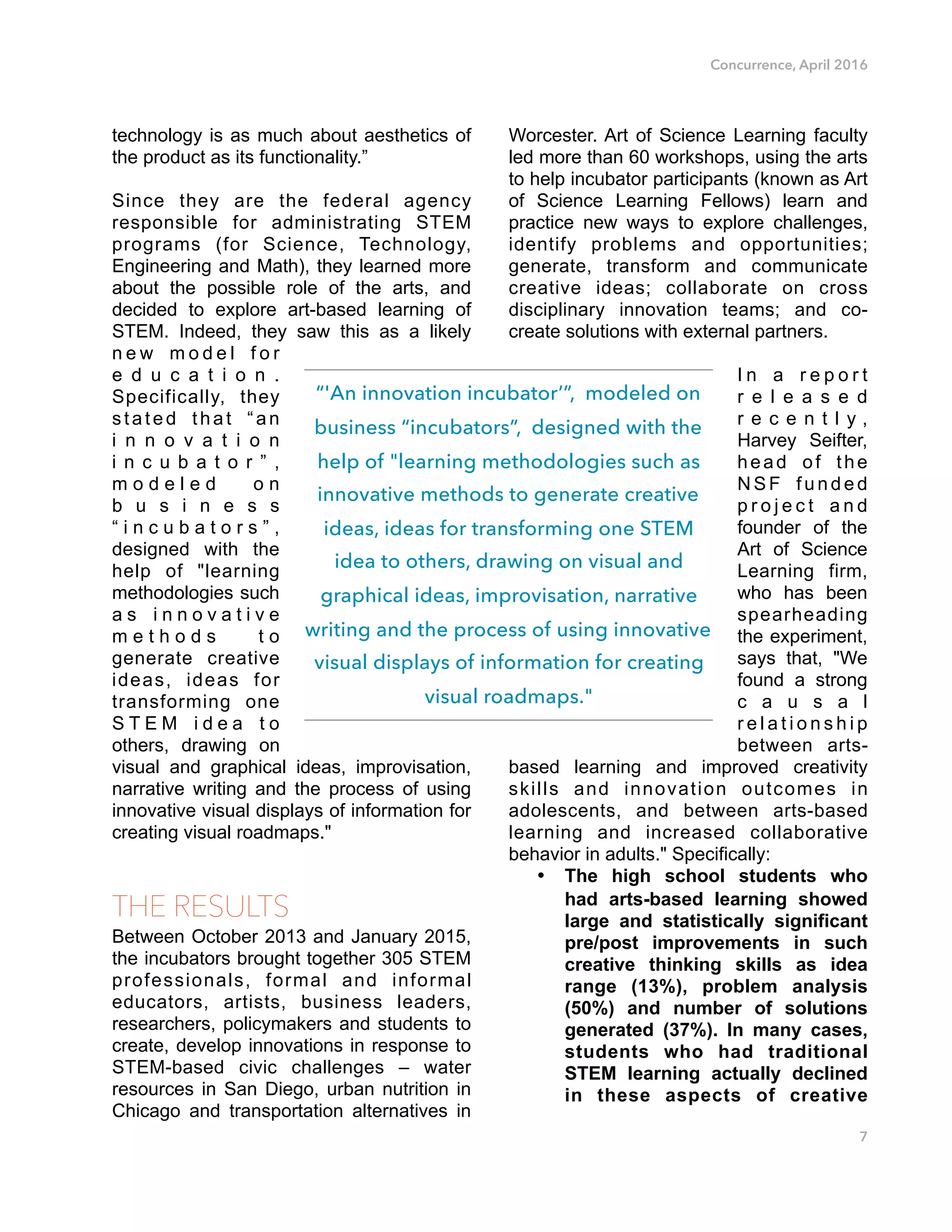 Concurrence, April 2016
technology is as much about aesthetics of
the product as its functionality.”
Since they are the federal agency
responsible for administrating STEM
programs (for Science, Technology,
Engineering and Math), they learned more
about the possible role of the arts, and
decided to explore art-based learning of
STEM. Indeed, they saw this as a likely
n e w m o d e l f o r
e d u c a t i o n .
Specifically, they
stated that “an
i n n o v a t i o n
i n c u b a t o r ” ,
m o d e l e d o n
b u s i n e s s
“ i n c u b a t o r s ” ,
designed with the
help of "learning
methodologies such
a s i n n o v a t i v e
m e t h o d s t o
generate creative
ideas, ideas for
transforming one
S T E M i d e a t o
others, drawing on
visual and graphical ideas, improvisation,
narrative writing and the process of using
innovative visual displays of information for
creating visual roadmaps."
THE RESULTS
Between October 2013 and January 2015,
the incubators brought together 305 STEM
professionals, formal and informal
educators, artists, business leaders,
researchers, policymakers and students to
create, develop innovations in response to
STEM-based civic challenges – water
resources in San Diego, urban nutrition in
Chicago and transportation alternatives in
Worcester. Art of Science Learning faculty
led more than 60 workshops, using the arts
to help incubator participants (known as Art
of Science Learning Fellows) learn and
practice new ways to explore challenges,
identify problems and opportunities;
generate, transform and communicate
creative ideas; collaborate on cross
disciplinary innovation teams; and co-
create solutions with external partners.
I n a r e p o r t
r e l e a s e d
r e c e n t l y ,
Harvey Seifter,
head of the
N S F f u n d e d
p r o j e c t a n d
founder of the
Art of Science
Learning firm,
who has been
spearheading
the experiment,
says that, "We
found a strong
c a u s a l
r e l a t i o n s h i p
between arts-
based learning and improved creativity
skills and innovation outcomes in
adolescents, and between arts-based
learning and increased collaborative
behavior in adults." Specifically:
• The high school students who
had arts-based learning showed
large and statistically significant
pre/post improvements in such
creative thinking skills as idea
range (13%), problem analysis
(50%) and number of solutions
generated (37%). In many cases,
students who had traditional
STEM learning actually declined
in these aspects of creative
7
“'An innovation incubator’”, modeled on
business “incubators”, designed with the
help of "learning methodologies such as
innovative methods to generate creative
ideas, ideas for transforming one STEM
idea to others, drawing on visual and
graphical ideas, improvisation, narrative
writing and the process of using innovative
visual displays of information for creating
visual roadmaps."
 