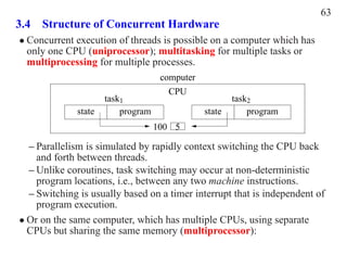 63
3.4 Structure of Concurrent Hardware
• Concurrent execution of threads is possible on a computer which has
  only one CPU (uniprocessor); multitasking for multiple tasks or
  multiprocessing for multiple processes.
                                     computer
                                      CPU
                      task1                             task2
              state       program               state       program
                                    100 5

  – Parallelism is simulated by rapidly context switching the CPU back
    and forth between threads.
  – Unlike coroutines, task switching may occur at non-deterministic
    program locations, i.e., between any two machine instructions.
  – Switching is usually based on a timer interrupt that is independent of
    program execution.
• Or on the same computer, which has multiple CPUs, using separate
  CPUs but sharing the same memory (multiprocessor):
 